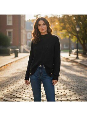 Full Circle Trends Womens Black Button-Side Ribbed Knit Sweater 1X Acrylic Made